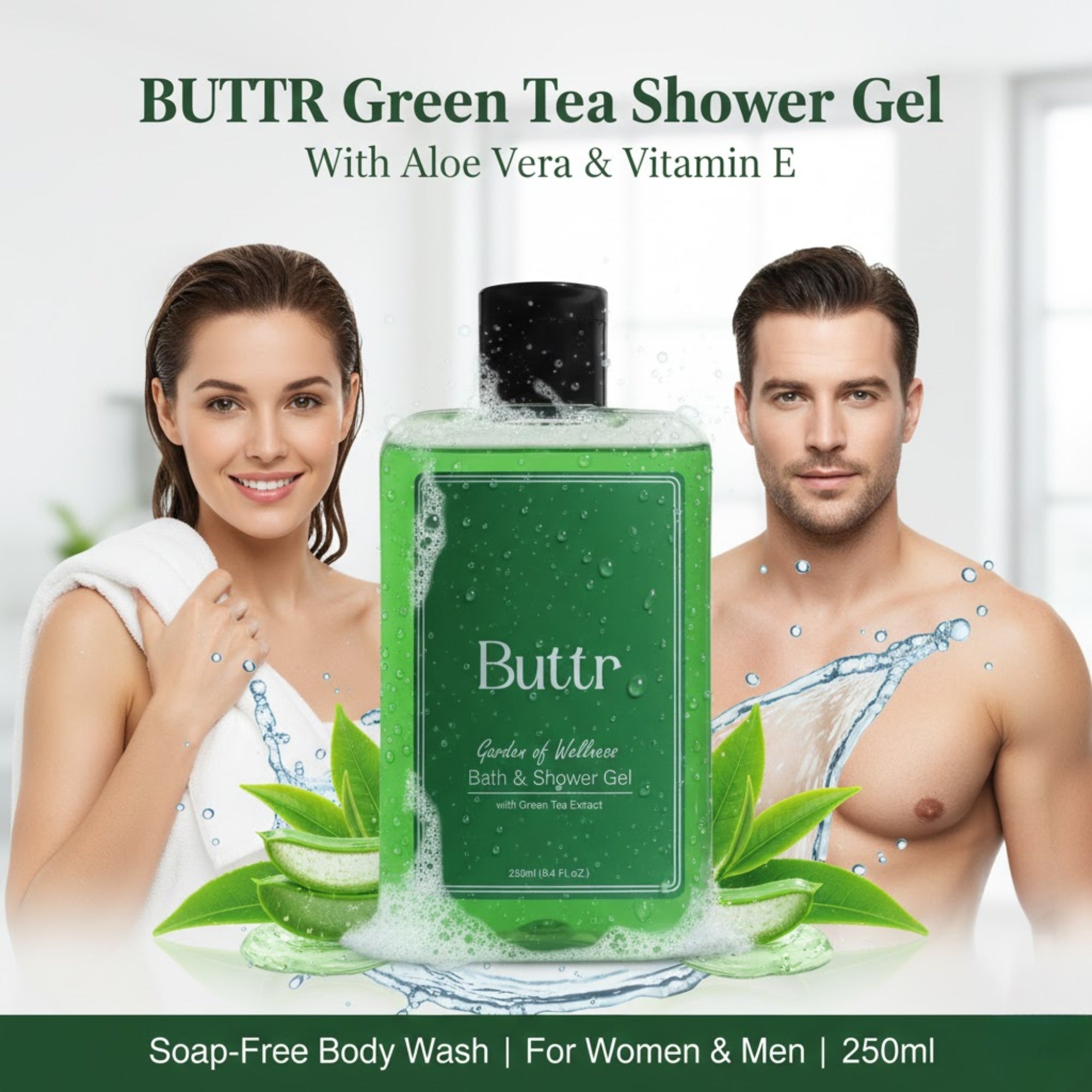 Buttr Green Tea Shower Gel – 250ml | With Aloe Vera & Vitamin E | Body Wash and Shower Gel for Women and Men - 250ml | Soap-Free Bodywash