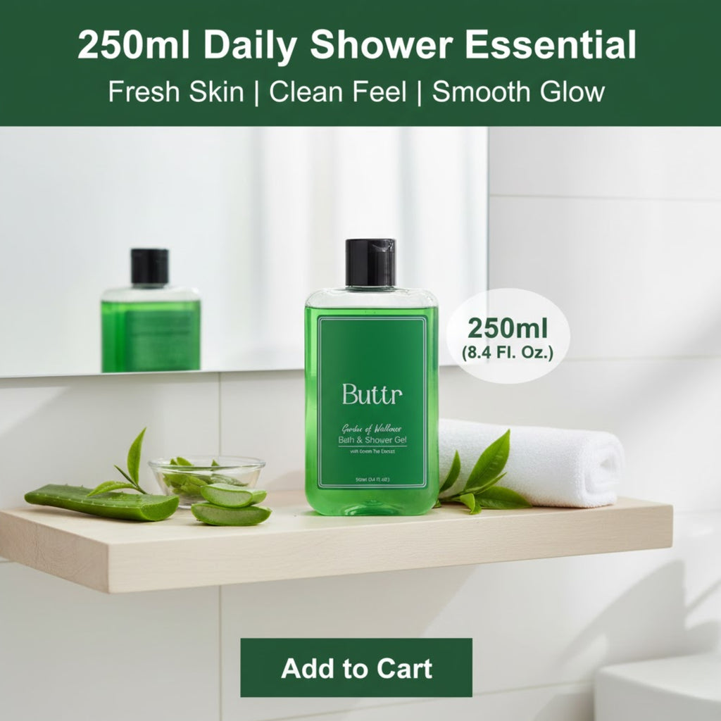 Buttr Green Tea Shower Gel – 250ml | With Aloe Vera & Vitamin E | Body Wash and Shower Gel for Women and Men - 250ml | Soap-Free Bodywash