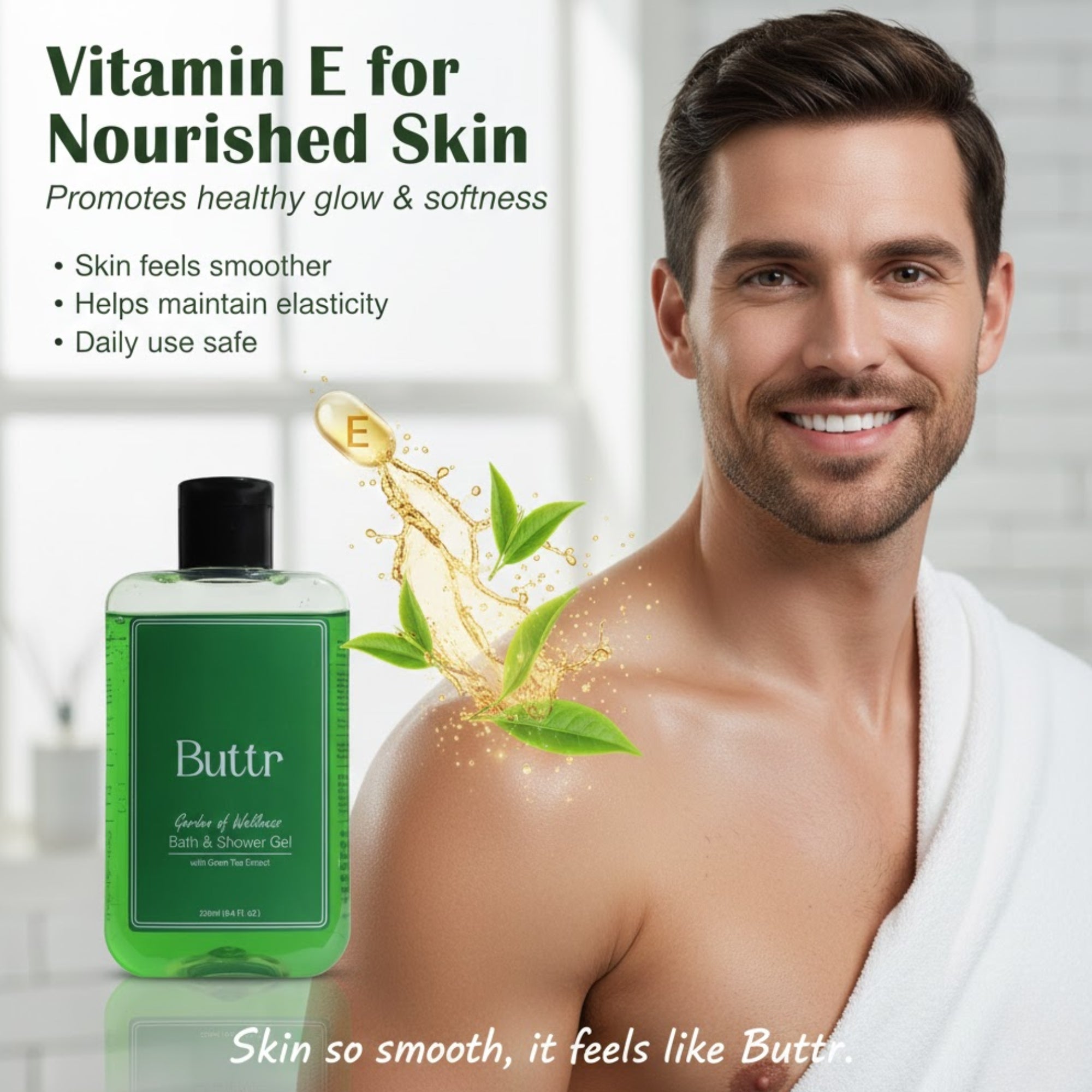Buttr Green Tea Shower Gel – 250ml | With Aloe Vera & Vitamin E | Body Wash and Shower Gel for Women and Men - 250ml | Soap-Free Bodywash