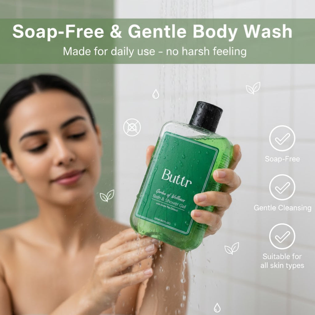 Buttr Green Tea Shower Gel – 250ml | With Aloe Vera & Vitamin E | Body Wash and Shower Gel for Women and Men - 250ml | Soap-Free Bodywash