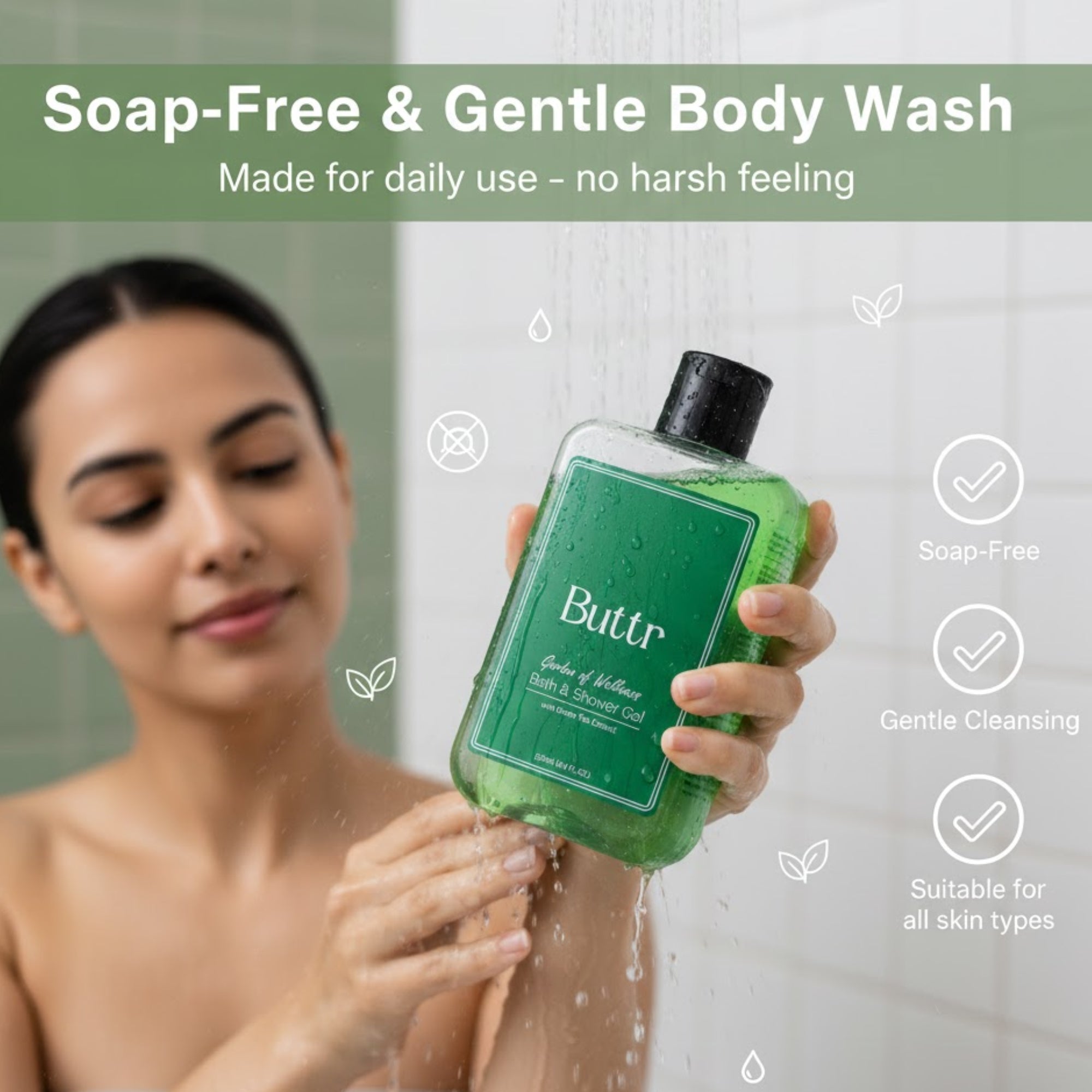 Buttr Green Tea Shower Gel – 250ml | With Aloe Vera & Vitamin E | Body Wash and Shower Gel for Women and Men - 250ml | Soap-Free Bodywash
