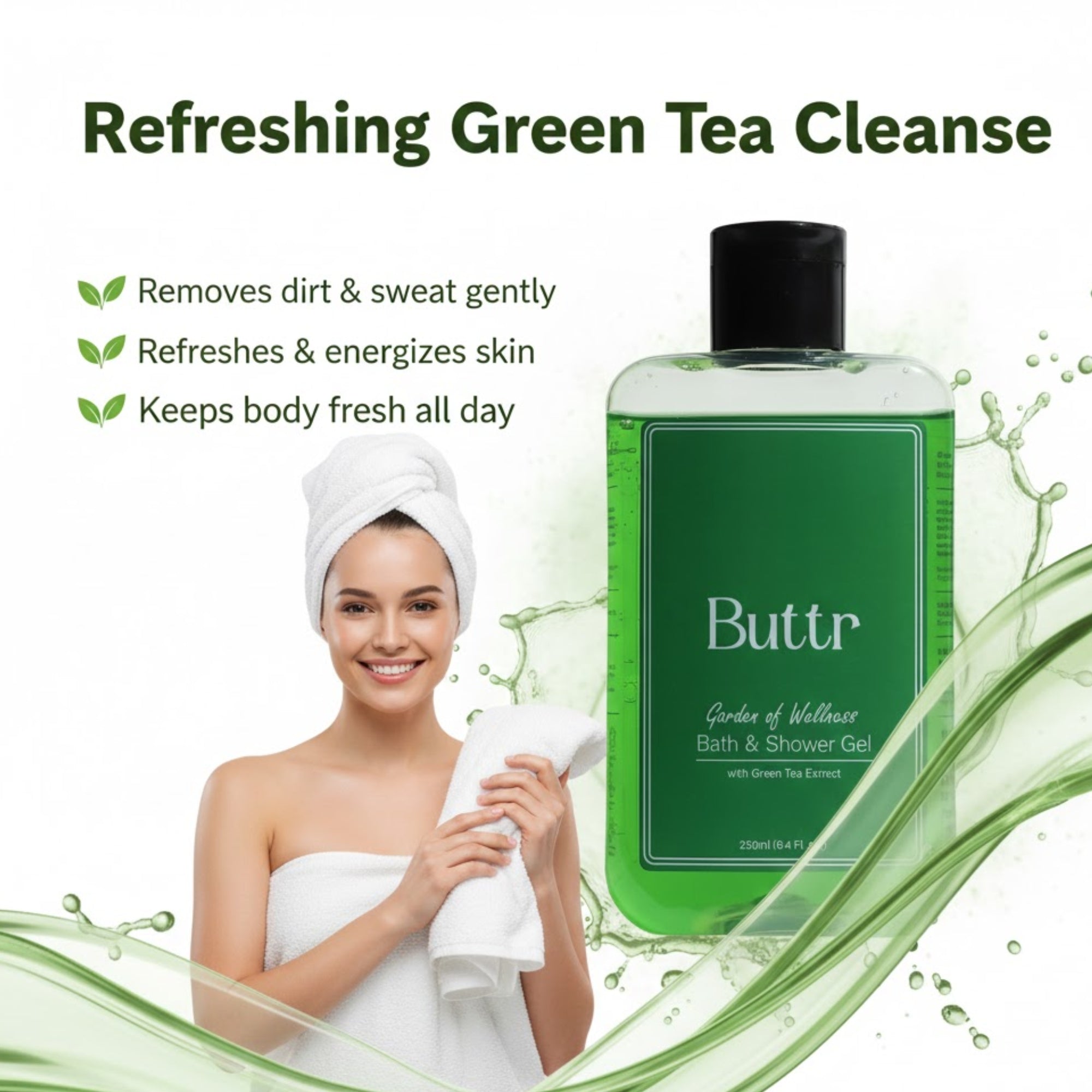 Buttr Green Tea Shower Gel – 250ml | With Aloe Vera & Vitamin E | Body Wash and Shower Gel for Women and Men - 250ml | Soap-Free Bodywash