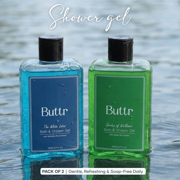 Buttr Mulberry & Green Tea Shower Gel Combo, With Aloe Vera & Vitamin E, Soap-Free Body Wash for Hydrated Radiant Skin, For Women & Men, 250ml + 250ml