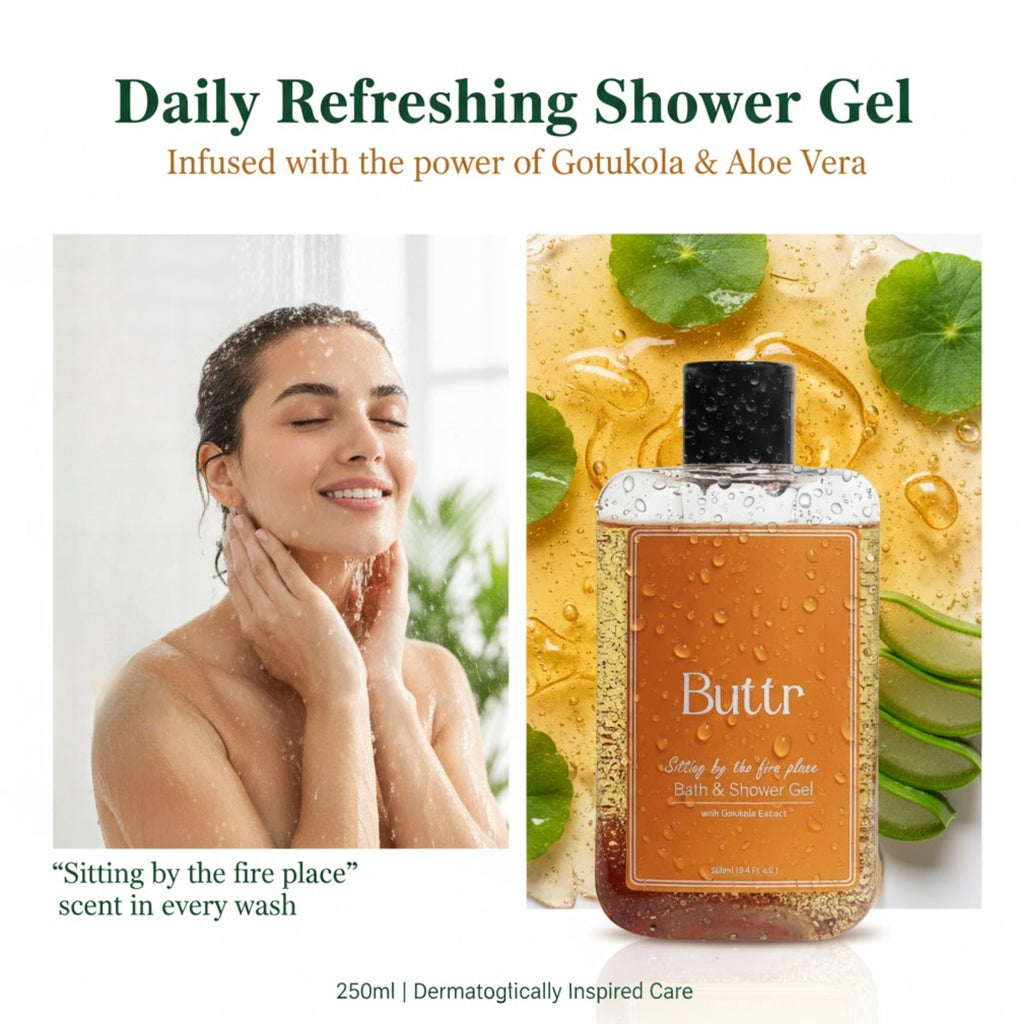 Buttr Gotukola Shower Gel – 250ml | Soap-Free Body Wash with Gotukola Extract, Aloe Vera & Vitamin E | Gentle Moisturizing Body Wash for Women & Men | Daily Refreshing Shower Gel.