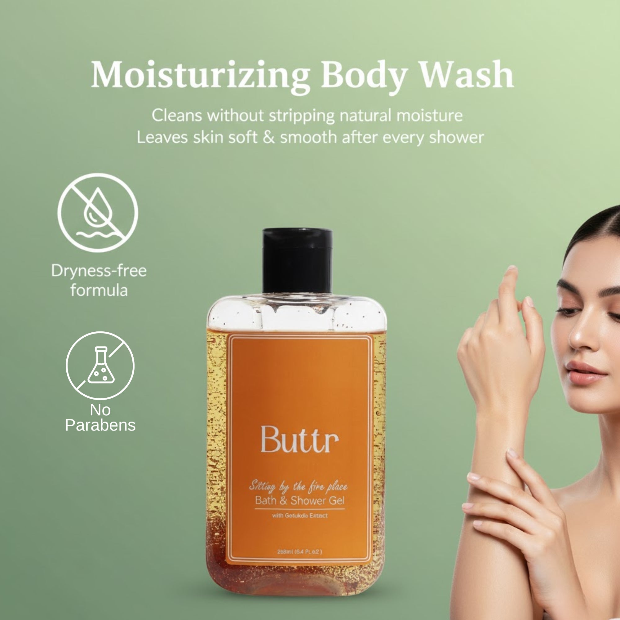 Buttr Gotukola Shower Gel – 250ml | Soap-Free Body Wash with Gotukola Extract, Aloe Vera & Vitamin E | Gentle Moisturizing Body Wash for Women & Men | Daily Refreshing Shower Gel.