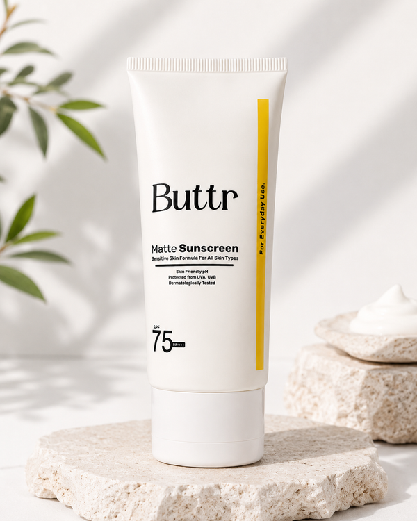 Buttr Matte Sunscreen SPF 75+ PA+++ | Water-Based Broad Spectrum Sunscreen for Oily, Combination & Normal Skin | Lightweight, Non-Greasy, No White Cast | 50g..