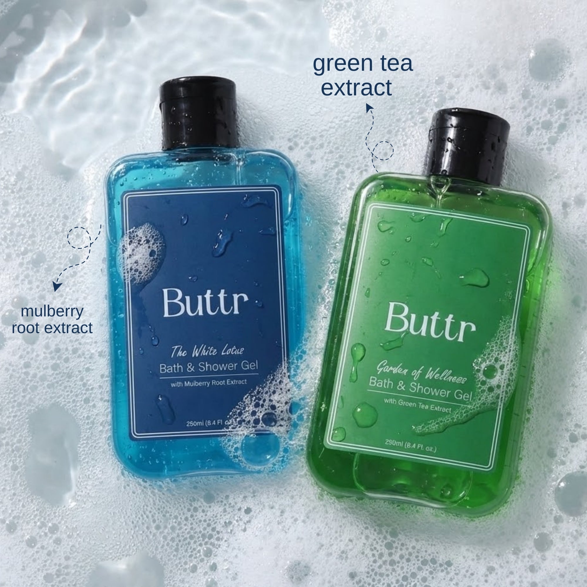 Buttr Mulberry & Green Tea Shower Gel Combo, With Aloe Vera & Vitamin E, Soap-Free Body Wash for Hydrated Radiant Skin, For Women & Men, 250ml + 250ml