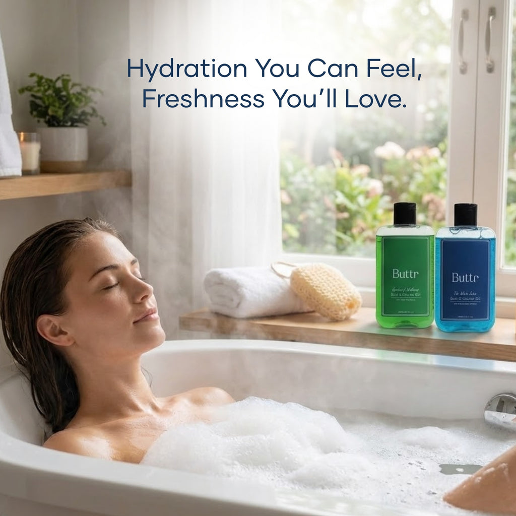 Buttr Mulberry & Green Tea Shower Gel Combo, With Aloe Vera & Vitamin E, Soap-Free Body Wash for Hydrated Radiant Skin, For Women & Men, 250ml + 250ml