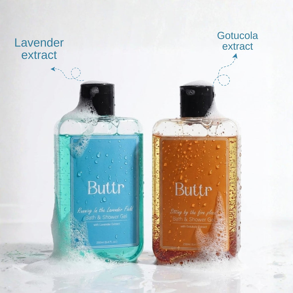 Buttr Gotukola Lavender Bliss Shower Gel Combo, With Gotukola Extract, Aloe Vera, Vitamin E, Repair, Hydrate, Revitalize Skin, 2 × 250ml, For All Skin Types.