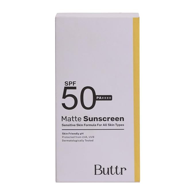 Buttr Matte Sunscreen SPF 50+ PA+++ | Water-Based Broad Spectrum Sunscreen for Oily, Combination & Normal Skin | Lightweight, Non-Greasy, No White Cast | 50g