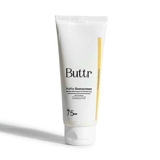 Buttr Matte Sunscreen SPF 75+ PA+++ | Water-Based Broad Spectrum Sunscreen for Oily, Combination & Normal Skin | Lightweight, Non-Greasy, No White Cast | 50g.