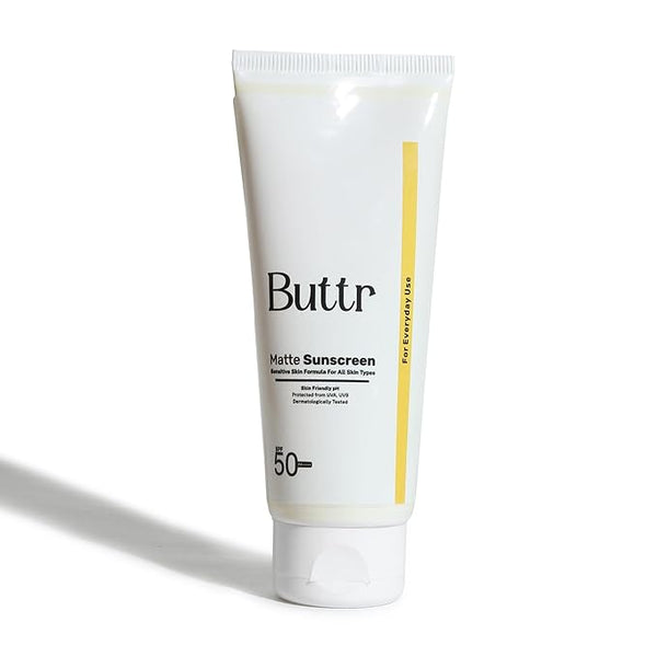 Buttr Matte Sunscreen SPF 50+ PA+++ | Water-Based Broad Spectrum Sunscreen for Oily, Combination & Normal Skin | Lightweight, Non-Greasy, No White Cast | 50g