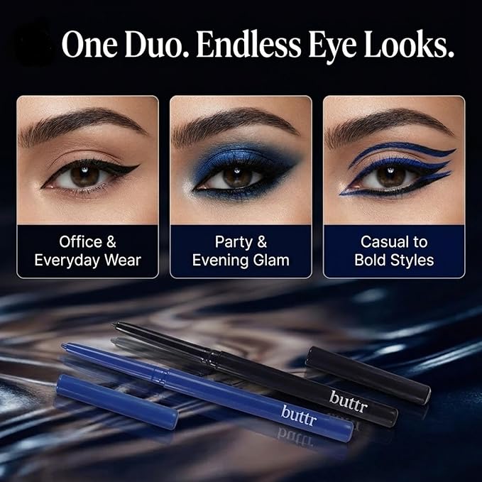 Buttr Midnight & Black Eyepencil Combo Pack of 2, Waterproof, Smudge-Proof, Bold, Long-Lasting Eye Definition.