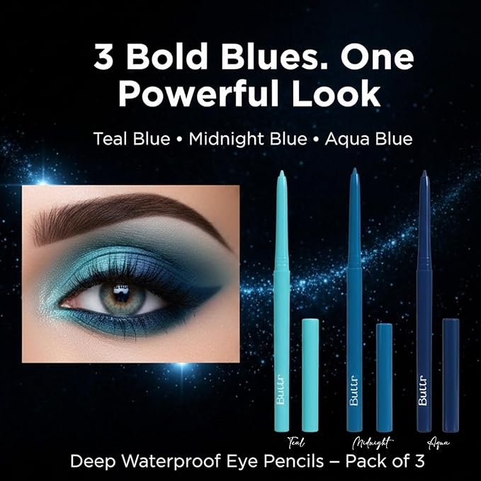 Buttr Teal blue, midnight & Aqua Eyepencil Combo Pack of 3, Waterproof, Smudge-Proof, Bold, Long-Lasting Eye Definition.