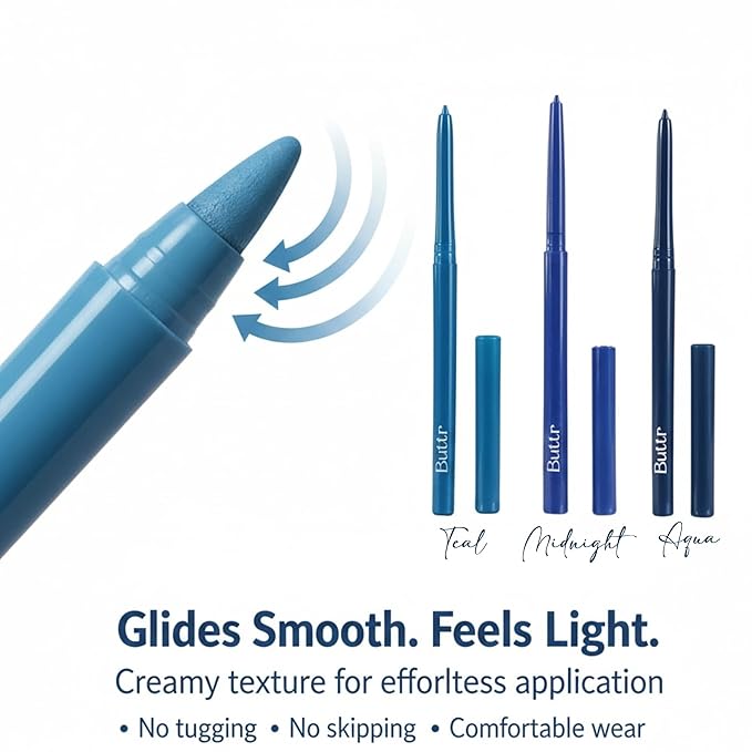 Buttr Teal blue, midnight & Aqua Eyepencil Combo Pack of 3, Waterproof, Smudge-Proof, Bold, Long-Lasting Eye Definition.