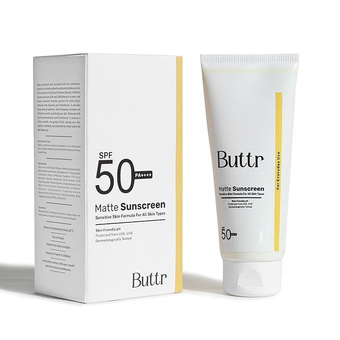Buttr Matte Sunscreen SPF 50+ PA+++ | Water-Based Broad Spectrum Sunscreen for Oily, Combination & Normal Skin | Lightweight, Non-Greasy, No White Cast | 50g