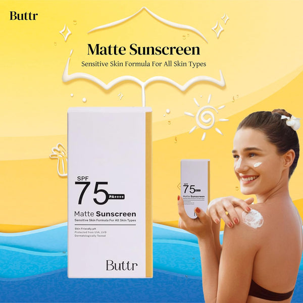 Buttr Matte Sunscreen SPF 75+ PA+++ | Water-Based Broad Spectrum Sunscreen for Oily, Combination & Normal Skin | Lightweight, Non-Greasy, No White Cast | 50g.