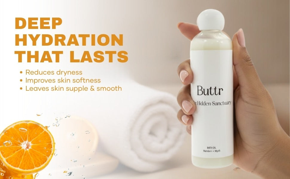 Buttr Bath Oil – Mandarin + Myrrh | Oil-Infused Body Wash & Moisturiser | 250ml | The Hidden Sanctuary
