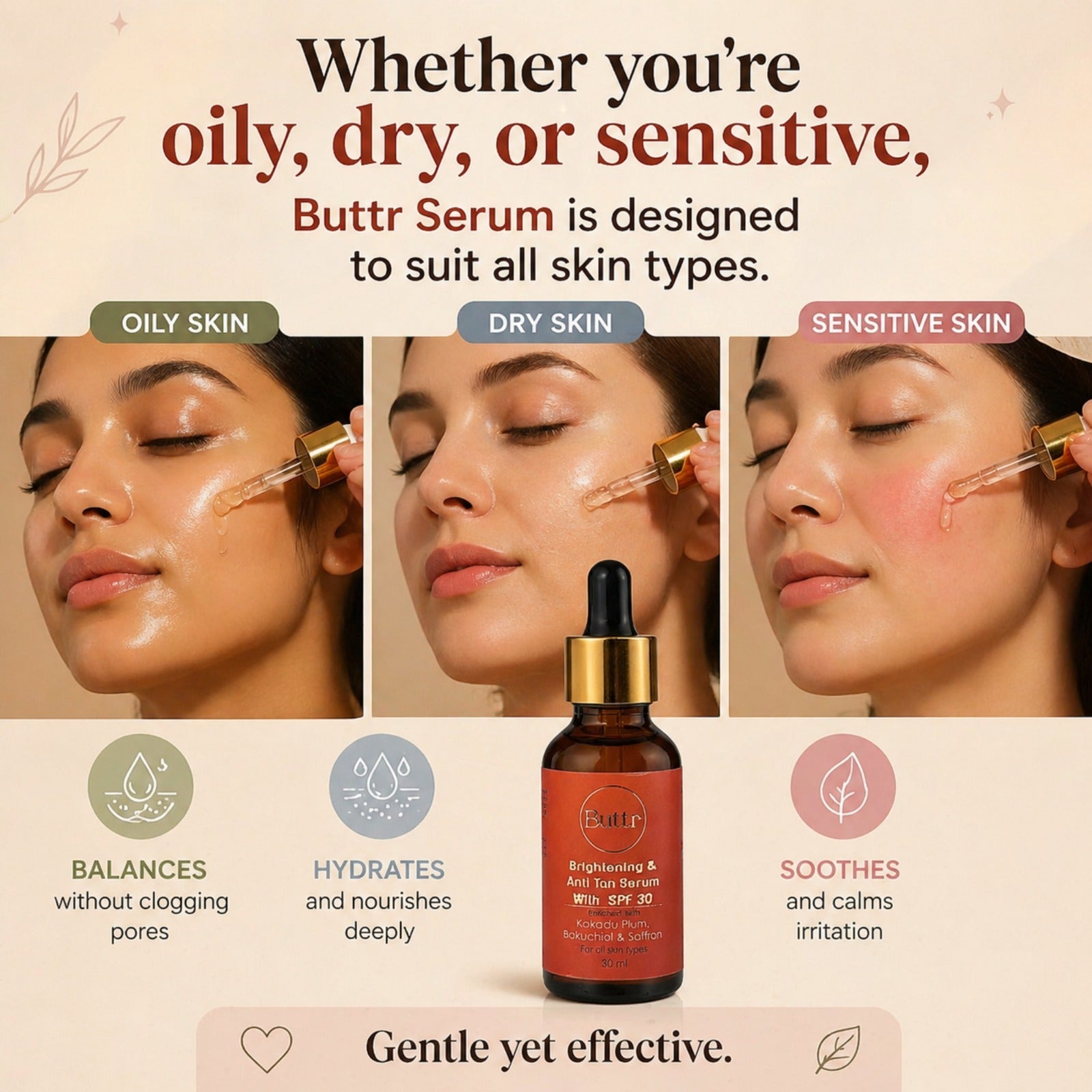 Buttr Brightening & Anti Tan Serum with SPF 30 |  Kakadu Plum, Bakuchiol & Saffron | For All Skin  Types | 30ml