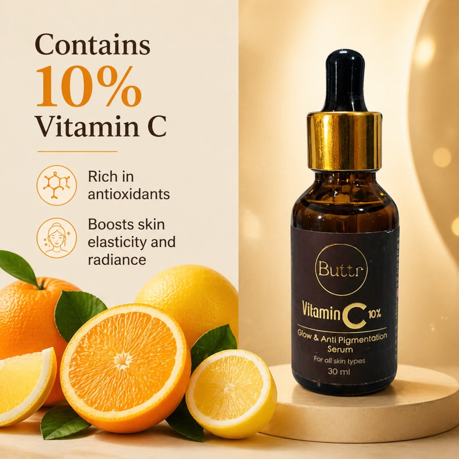 Buttr Vitamin C 10% Glow & Anti Pigmentation Serum |  Brightening Face Serum for All Skin Types | 30ml