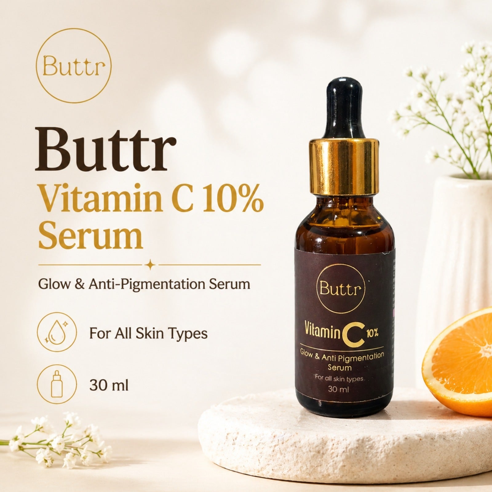 Buttr Vitamin C 10% Glow & Anti Pigmentation Serum |  Brightening Face Serum for All Skin Types | 30ml