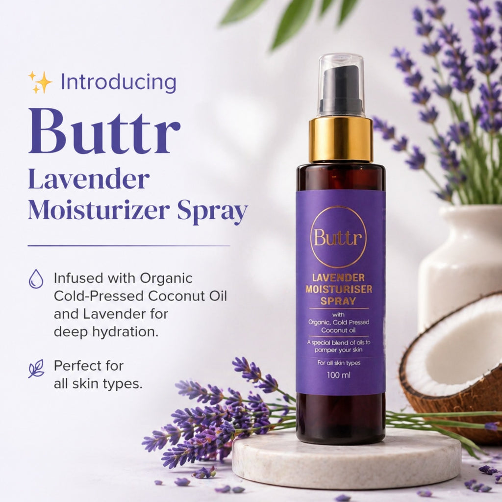 Buttr Lavender Moisturiser Spray | Organic Cold  Pressed Coconut Oil | Special Blend of Oils |  For All Skin Types | 100ml