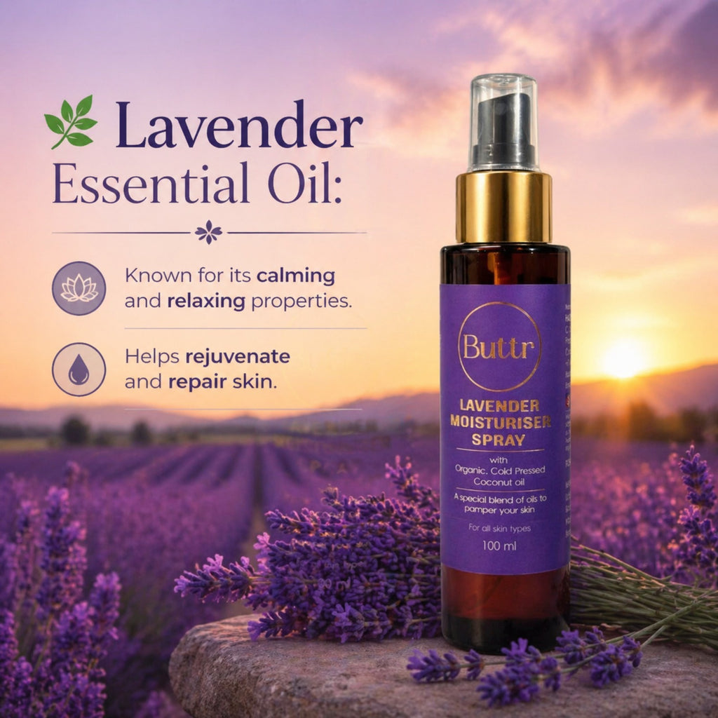 Buttr Lavender Moisturiser Spray | Organic Cold  Pressed Coconut Oil | Special Blend of Oils |  For All Skin Types | 100ml