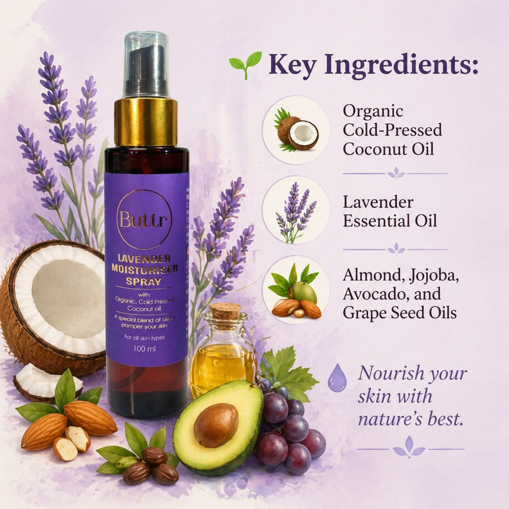 Buttr Lavender Moisturiser Spray | Organic Cold  Pressed Coconut Oil | Special Blend of Oils |  For All Skin Types | 100ml