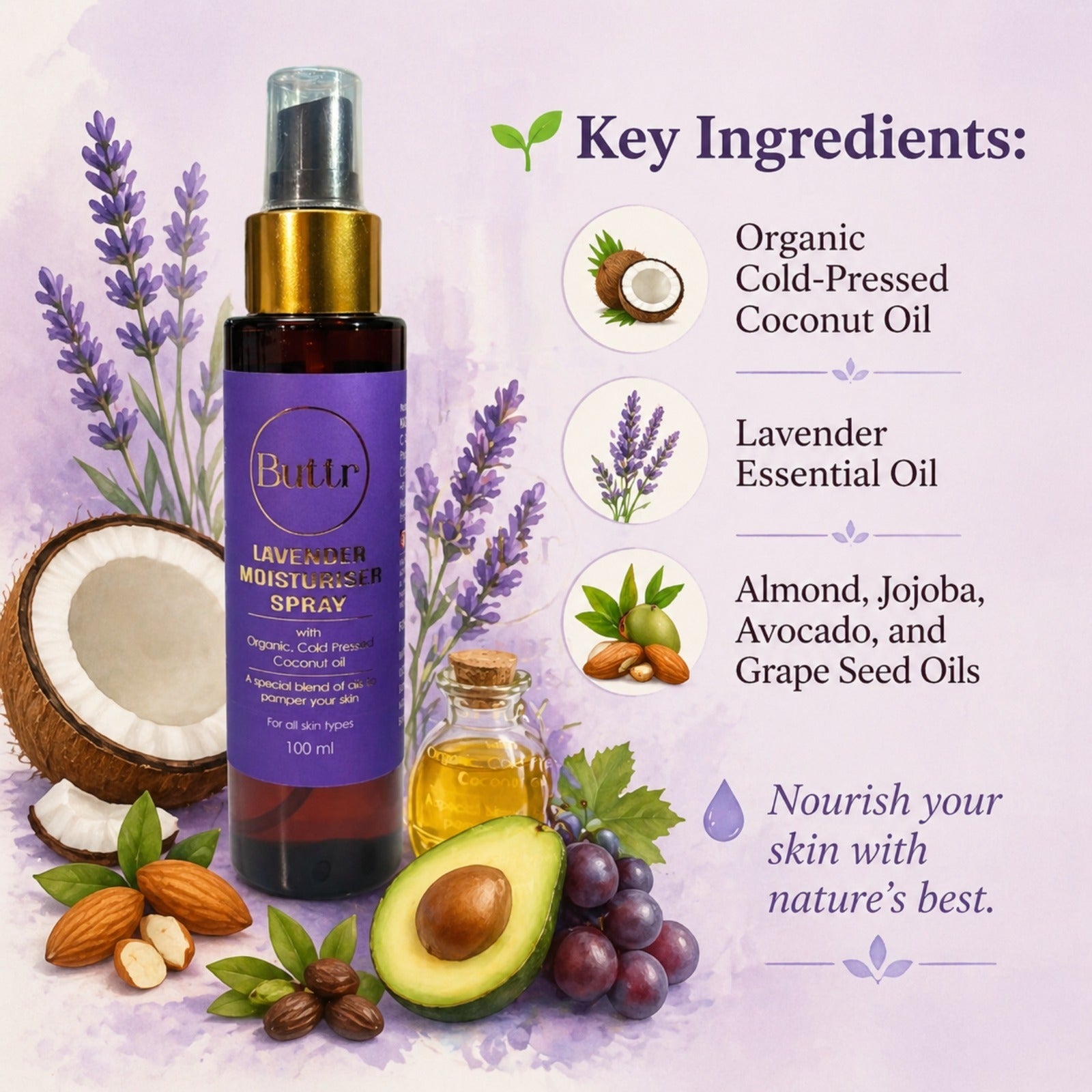 Buttr Lavender Moisturiser Spray | Organic Cold  Pressed Coconut Oil | Special Blend of Oils |  For All Skin Types | 100ml