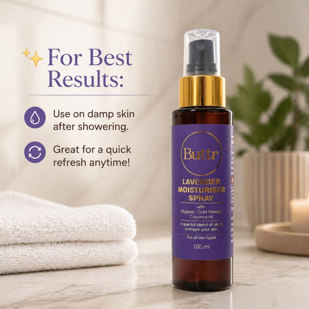 Buttr Lavender Moisturiser Spray | Organic Cold  Pressed Coconut Oil | Special Blend of Oils |  For All Skin Types | 100ml